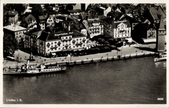 Ak Lindau Bodensee, Bayerischer Hof, Seegarten, Reutemann, Fliegeraufnahme