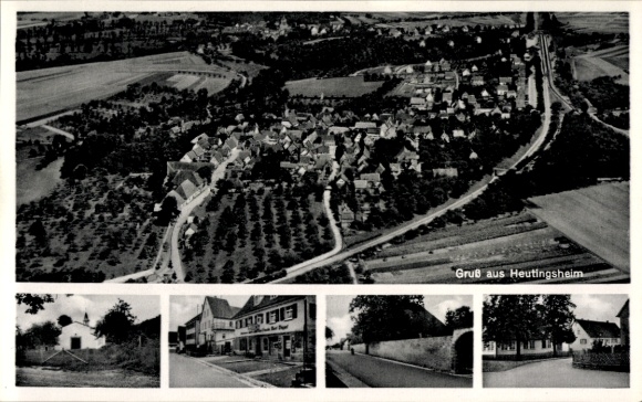 Postcard Heutingsheim Freiberg am Neckar, aerial photograph, detailed views, bakery Gasthaus Zur Traube