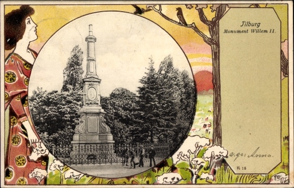 passe-partout ansichtkaart Tilburg Noord Brabant Nederland, Monument Willem II.