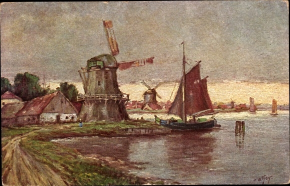 Kunstenaar Ak Hoy, W., Mühle am Hafen, Molen aan de haven, Zeilboot, Windmolens