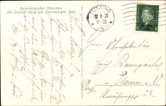 Postcard Berg on Lake Starnberg in Upper Bavaria, saloon steamer Munich, Berg Castle