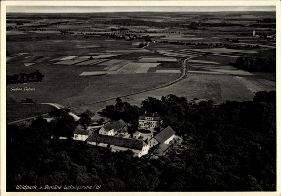 Ak Ludwigsruhe Langenburg in Württemberg, Gutshof, Wildpark, Domäne, Sieben Eichen, Fliegeraufnahme
