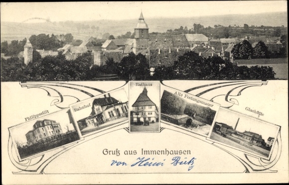 Postcard Immenhausen in Hessen, glassworks, fortress wall, train station, Philippstift