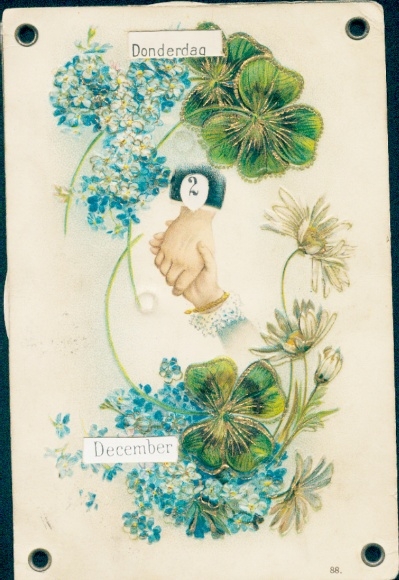 Mechanical Chromo-Litho Calendar, Daily Calendar, Clover Leaves, Forget-me-not