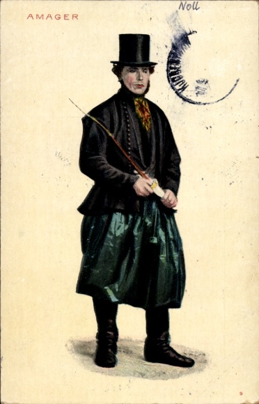 Postcard Amager Denmark, man in traditional costume