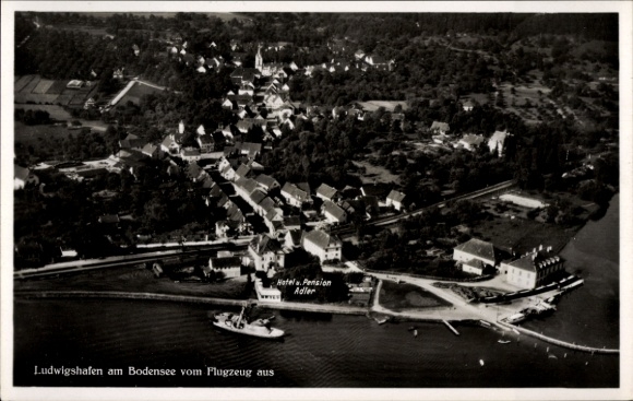 Ak Ludwigshafen am Bodensee, luchtfoto van Ludwigshafen, Hotel Pension Adler