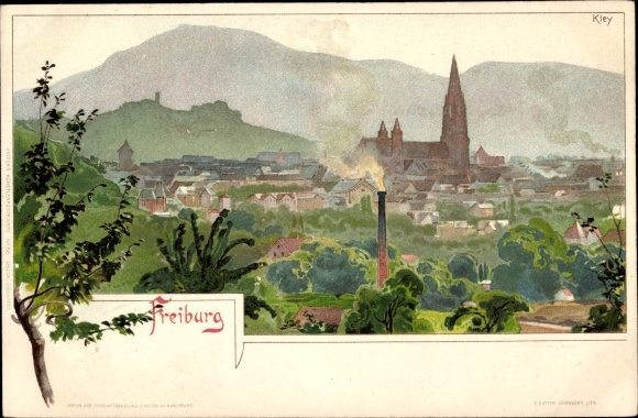 Kunstenaar Litho Kley, Freiburg im Breisgau, uitzicht over de daken van de stad, kerk