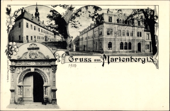 Passepartout PC Marienberg in the Erzgebirge of Saxony, town hall, portal, royal officials