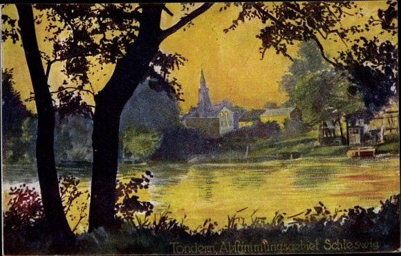 Ak Tønder Tondern Dänemark, Abstimmungsgebiet Schleswig, Abendstimmung, Uferpartie, Stadtbild