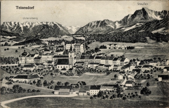 Postcard Teisendorf in Upper Bavaria, town view, Untersberg in the background, old architecture