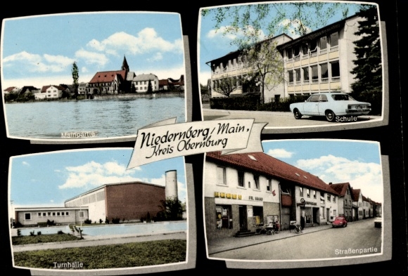 Ak Niedernberg am Main Neder-Franken, Main, straat, sportschool