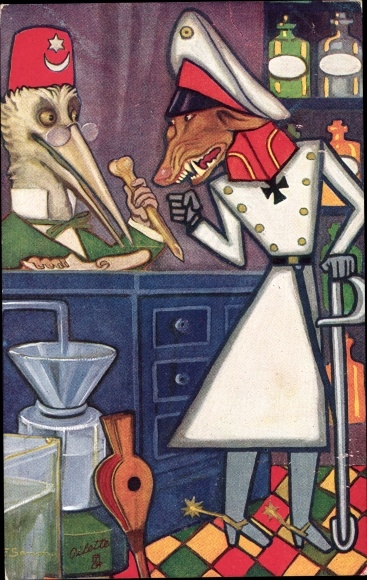 Artist Postcard De Wolf en de Ooievaar, Humanized Animals, Allegory German and Ottoman Empire