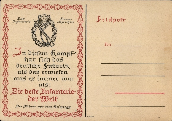 Ak In diesem Kampf hat sich das deutsche Fußvolk..., Beste Infanterie der Welt, Zitat Adolf Hitler