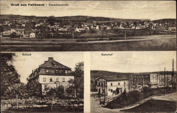 Postcard Feilitzsch in Upper Franconia, overall view, castle, train station