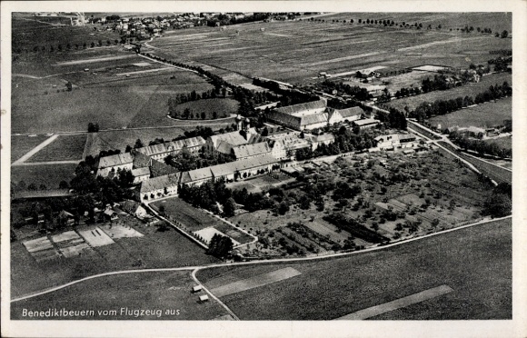 Postcard Benediktbeuern in Upper Bavaria, aerial photograph of wide agricultural areas, buildings and fermentation