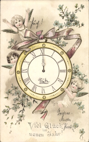 Greeting card Happy New Year, angel, clock, flowers