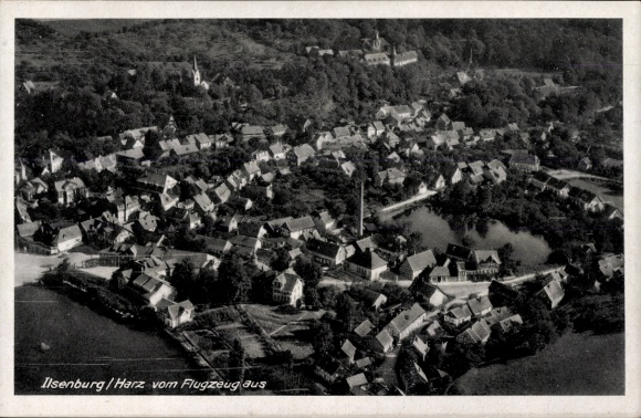 Postcard Ilsenburg in the Harz Mountains, aerial view of Harz Mountains, houses, pond, trees, mountains
