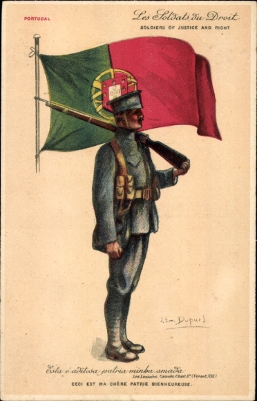 Kunstenaar Ak Dupuis, E., Portugees leger, soldaat in uniform, Portugese vlag