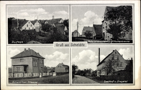 Ak Schelditz Rositz Thüringen, dorpslocatie, herberg, steenfabriek, Schelditzer Straße, bedrijfsgebouw
