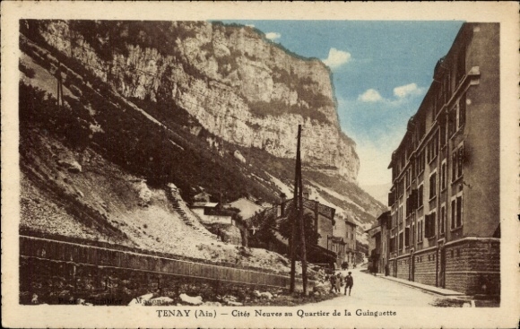 Ak Tenay Ain, Berglandschaft, Gebäude, Wanderer, blauer Himmel, 