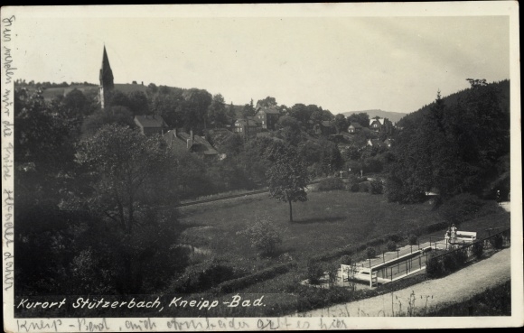 Postcard Stutzerbach in Thuringia, Kneipp bath, church tower