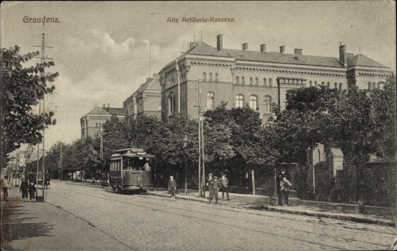 Postcard Grudziądz Graudenz West Prussia, old artillery barracks, tram