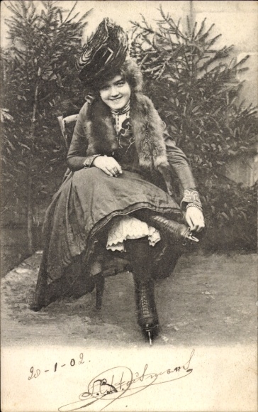 Postcard Woman with ice skates, portrait