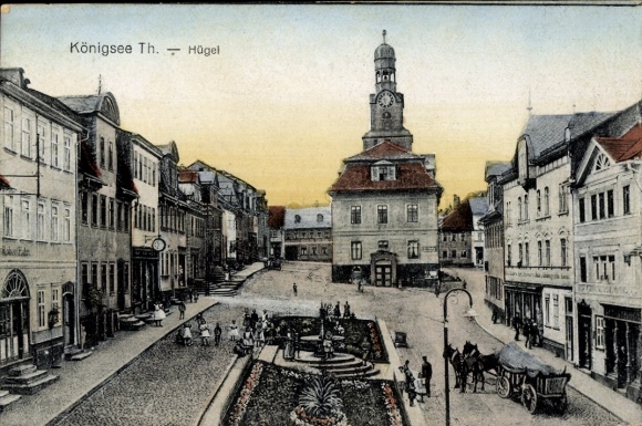 Postcard Königsee in Thuringia, market square, clock tower, building, flowerbed