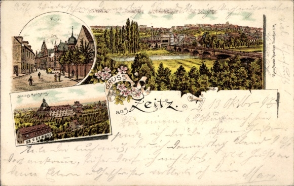 Litho Zeitz an der Weißen Elster im Burgenlandkreis, Schloss Moritzburg, Post, Panorama vom Ort