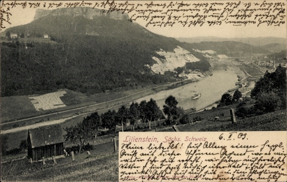 Ak Königstein an d Elbe, Blick zum Lilienstein, Dampfer
