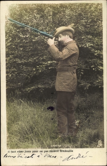 Postcard hunter aims at an animal, hunting, rifle