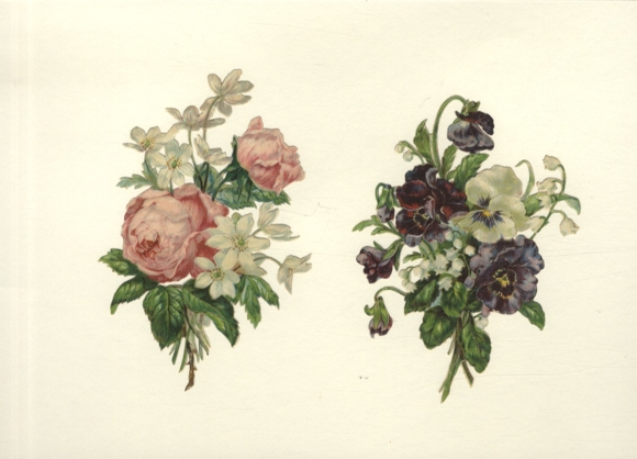 2 Oblaten Blumensträuße mit Rosen, Stiefmütterchen, Maiglöckchen, Größe je ca. 14,5 x 10 cm