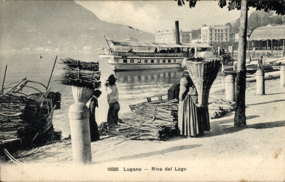 KP Lugano Kanton Ticino Szwajcaria, nad jeziorem, zbieracz drewna, statek parowy