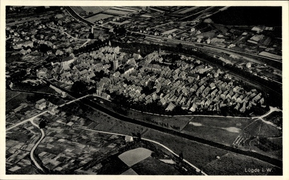 Postcard Lügde in the Weserbergland, aerial photography, panorama of the town