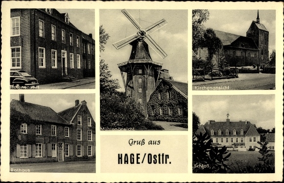 Ak Hage Ostfriesland Niedersachsen, Windmühle, Rathaus, Schloss, Kirche, Helenenstift
