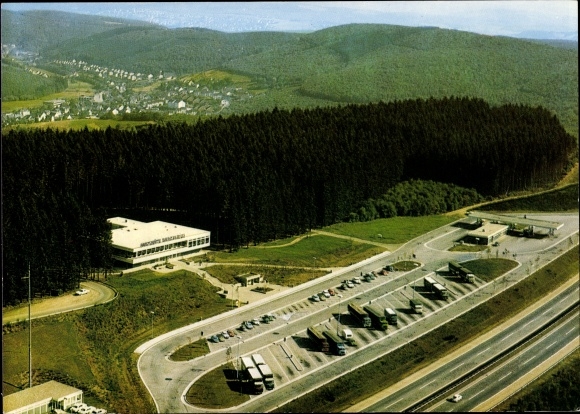PC Freudenberg in North Rhine-Westphalia, Autobahn rest area Siegerland Ost, aerial photograph