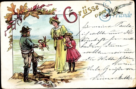 Chromo-Litho Mecklenburg Vorpommern, sailor with crab and lobster, mother with daughter