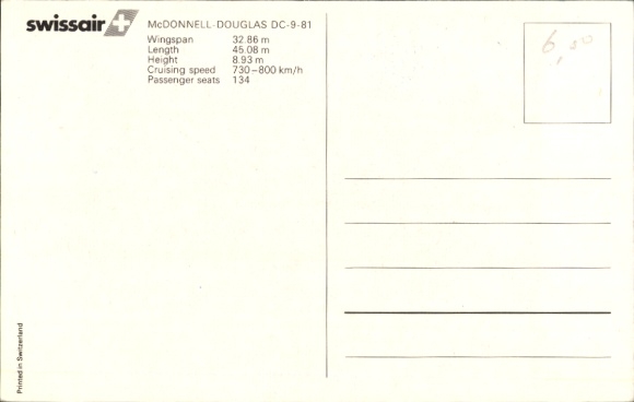 Postcard passenger aircraft McDonnel Douglas DC-9-81, Swissair