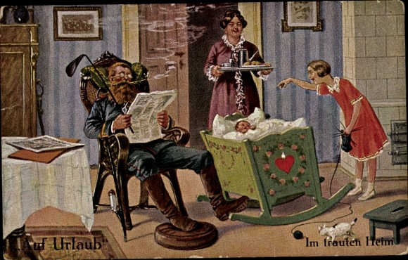 Kunstenaar Ak Thiele, Arthur, Op vakantie, In het gezellige huis, Soldaat, Pijp, Familie, Wieg