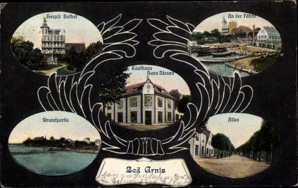 Ak Bad Arnis an der Schlei, Allee, An der Fähre, Hospiz Bethel, Kaufhaus Hans Nissen, Strand