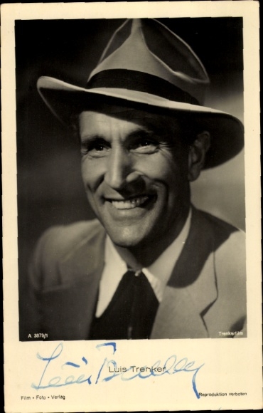 Postcard actor Luis Trenker, portrait with hat, autograph