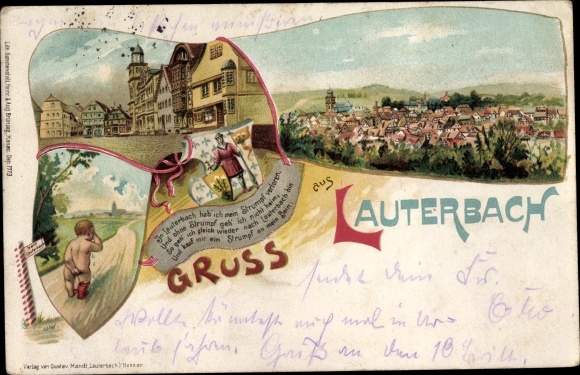 Chromo-Litho Lauterbach at the Lauter Vogelsbergkreis, stocking lost, crying child, panorama