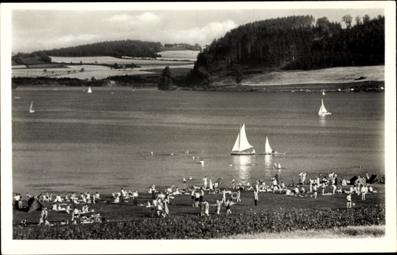 Postcard Pirk Oelsnitz Vogtland, Elstertalsperre, bathing party, sailing trip