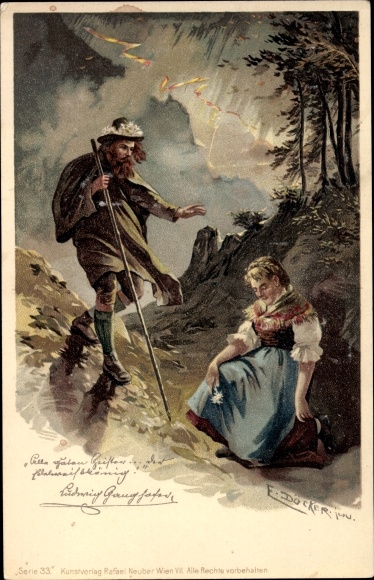 Kunstenaar Litho Döcker, E., Ludwig Ganghofer, wandelaar, vrouw in klederdracht, bliksem