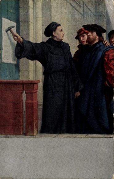 Artist PC Wittenberg, reformer Martin Luther with his theses at the Castle Church