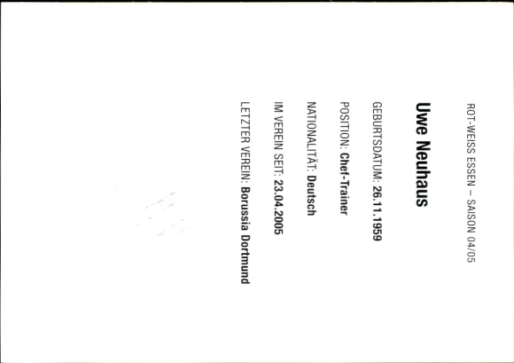 Autogrammkarte Chef Trainer Uwe Neuhaus, Rot Weiss Essen, Autogramm