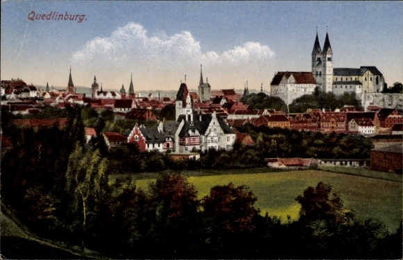Quedlinburg in het Harzgebergte, stadsgezicht, gebouwen, torens, landschap