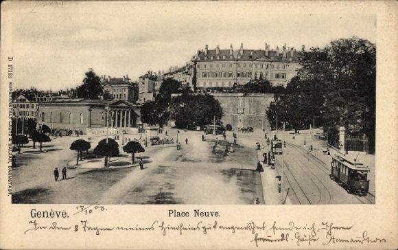 Postcard Genève Geneva Switzerland, Place Neuve, tram