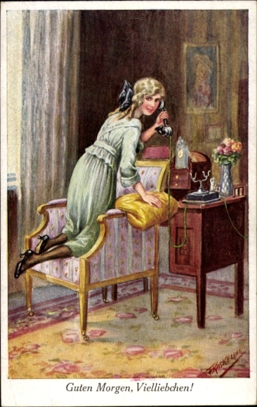 Artist Postcard Kaskeline, F., Young Girl on the Phone