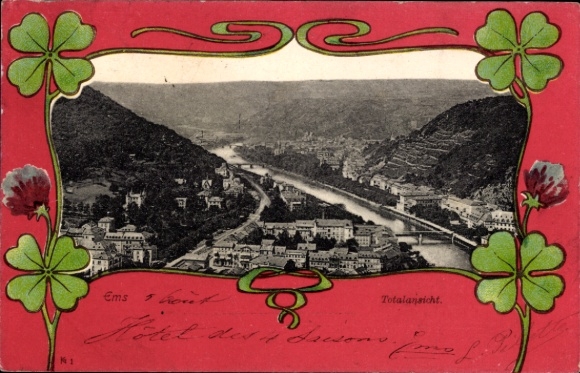 Jugendstil Passepartout Ak Bad Ems an der Lahn, Gesamtansicht
